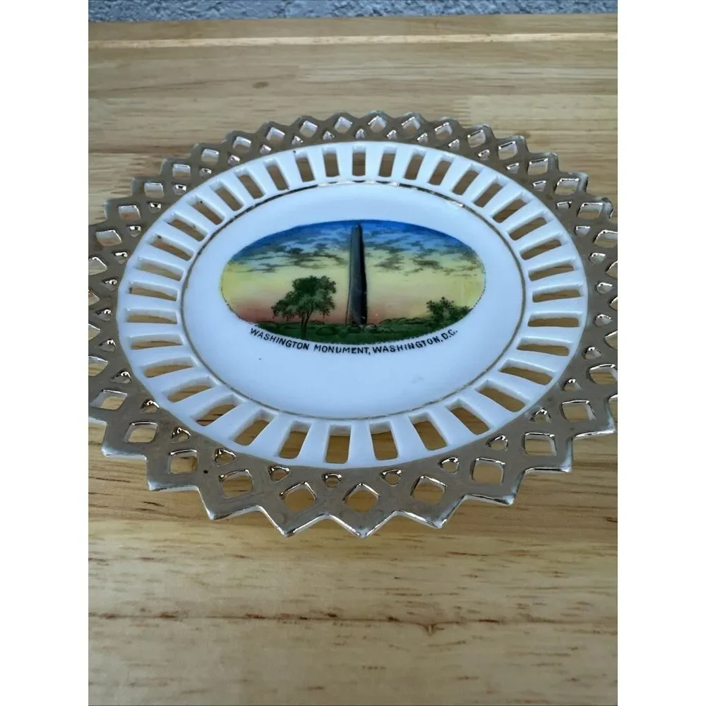 Vintage Washington Monument Plate – Reticulated Porcelain, Gold Trim, Made in Ge